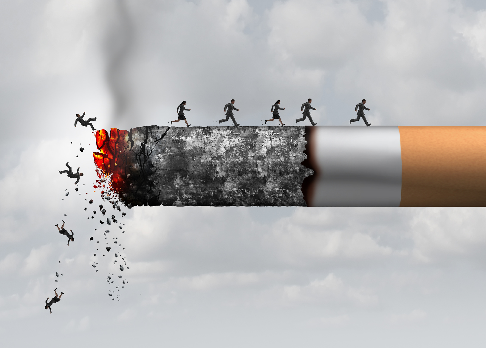 Smoking death and danger concept as a cigarette burning with people falling and escaping the hot burning ash as a metaphor for toxic smoke exposure causing lung cancer and lethal health risks with 3D illustration elements.